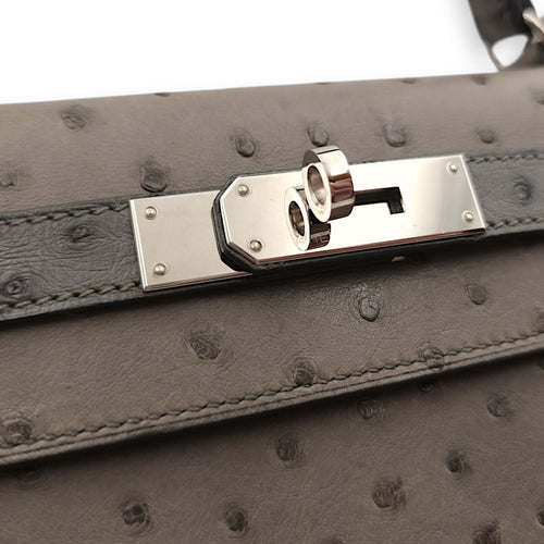 Sellier Kelly 28 Graphite in Ostrich, Palladium hardware