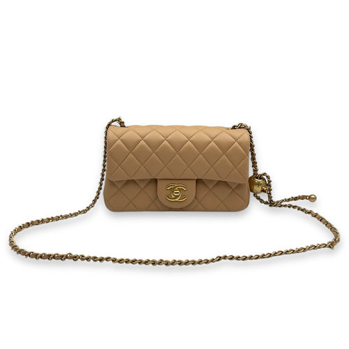 Pearl Crush Mini Rectangle Mini Beige Crossbody Bag in Lambskin, Gold hardware