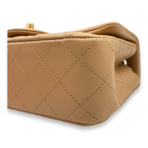 Pearl Crush Mini Rectangle Mini Beige Crossbody Bag in Lambskin, Gold hardware