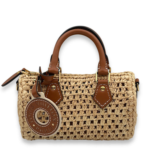 Speedy Nano Tan Crossbody Bag in Natural raffia, calf, Gold hardware