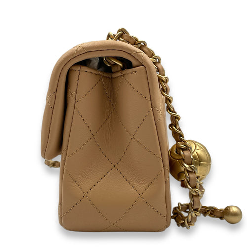 Pearl Crush Mini Rectangle Mini Beige Crossbody Bag in Lambskin, Gold hardware