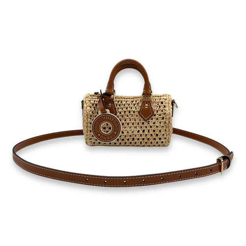 Speedy Nano Tan Crossbody Bag in Natural raffia, calf, Gold hardware