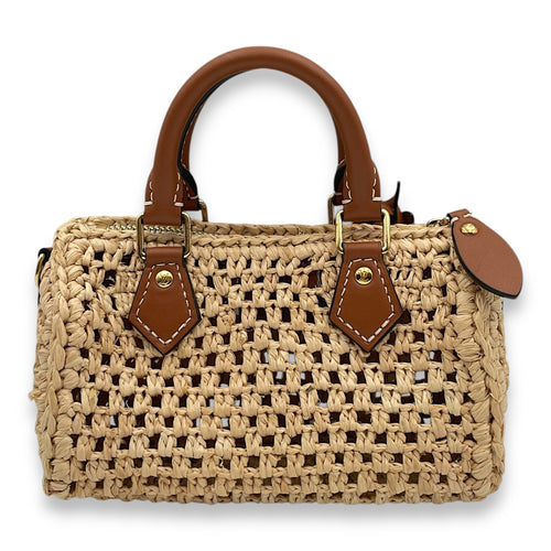 Speedy Nano Tan Crossbody Bag in Natural raffia, calf, Gold hardware