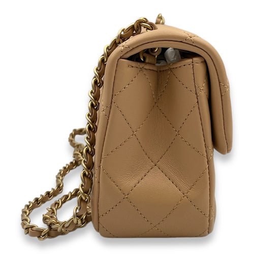 Pearl Crush Mini Rectangle Mini Beige Crossbody Bag in Lambskin, Gold hardware