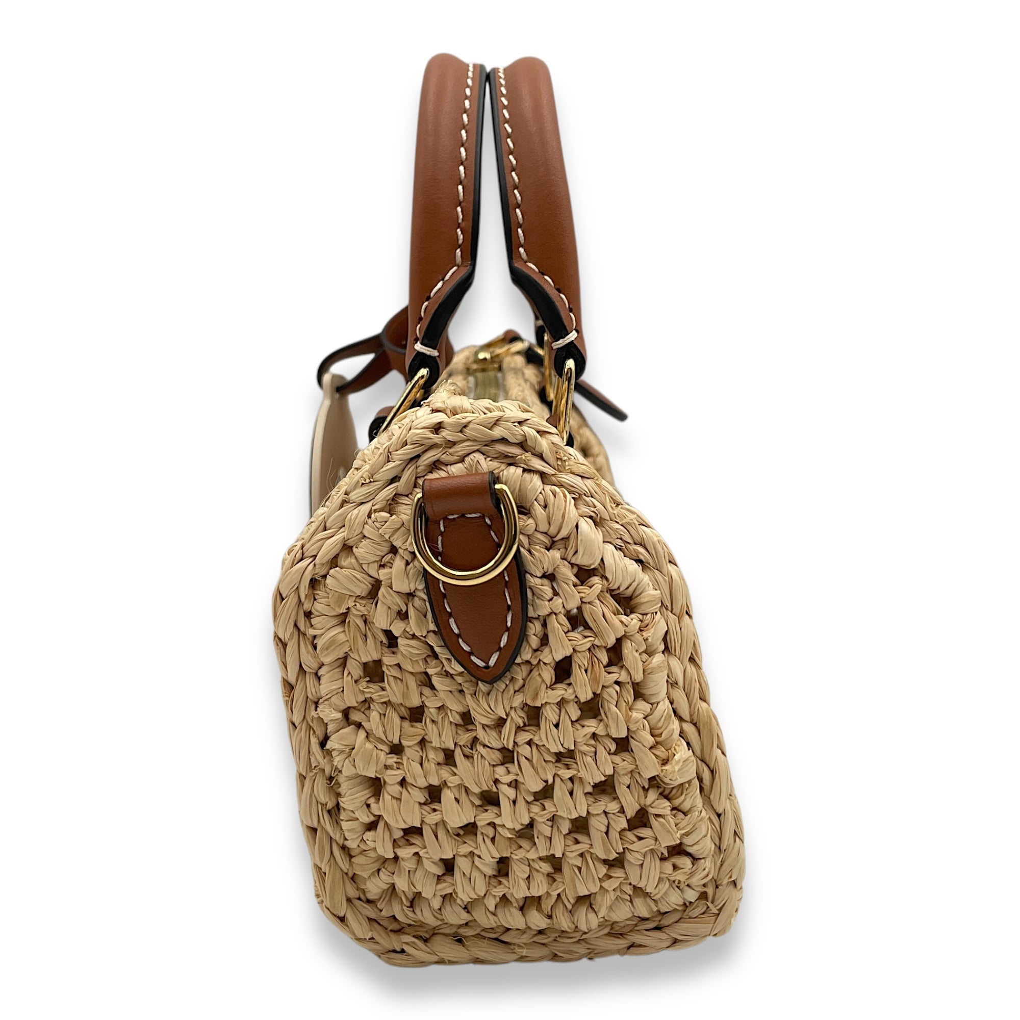 Speedy Nano Tan Crossbody Bag in Natural raffia, calf, Gold hardware