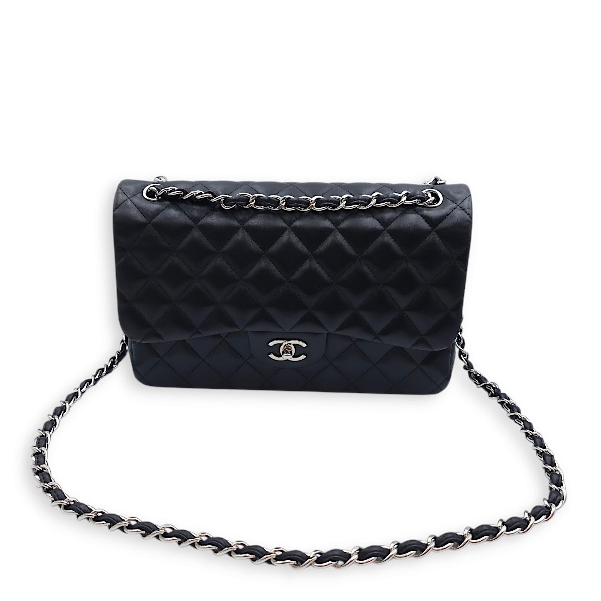 Classic (DF) Jumbo Black Shoulder Bag in Lambskin, Silver hardware