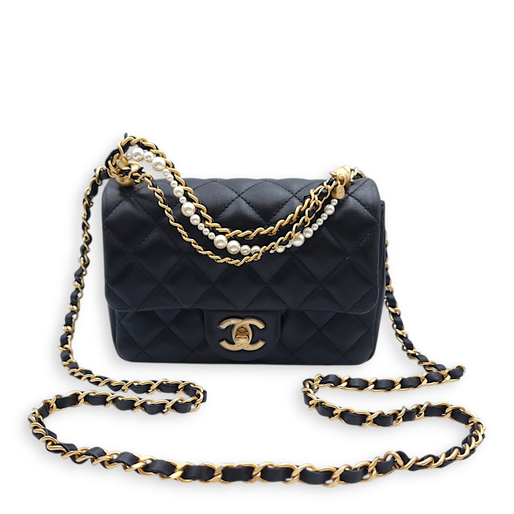 Seasonal Mini Flap with Pearl Chain 17x12x5cm Black Shoulder Bag in Lambskin, Gold hardware