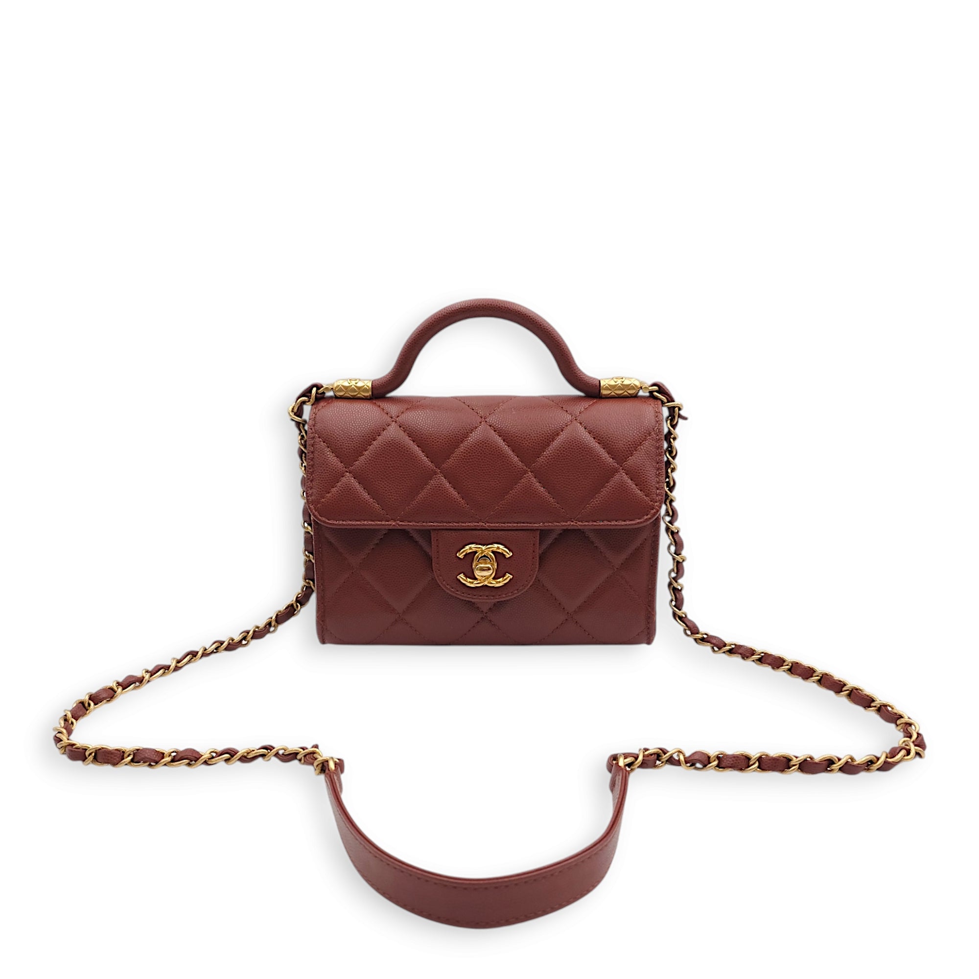 Seasonal Mini Flap with Top Handle 18x13x7cm Brown Crossbody Bag in Caviar Leather, Gold hardware