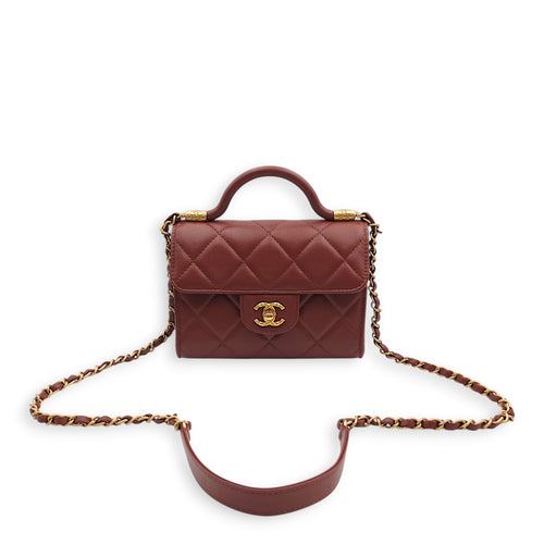 Seasonal Mini Flap with Top Handle 18x13x7cm Brown Crossbody Bag in Caviar Leather, Gold hardware