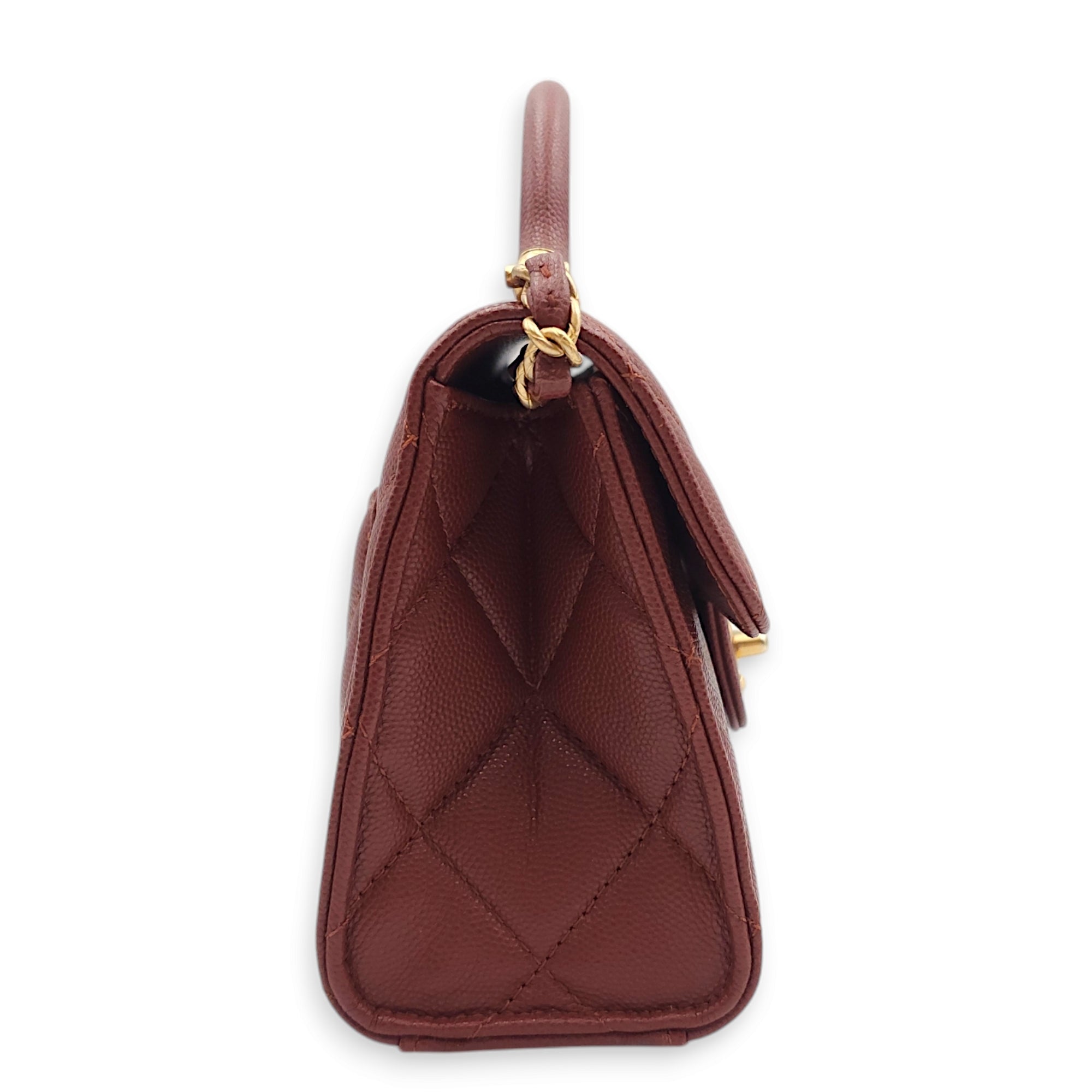 Seasonal Mini Flap with Top Handle 18x13x7cm Brown Crossbody Bag in Caviar Leather, Gold hardware