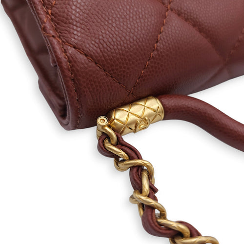 Seasonal Mini Flap with Top Handle 18x13x7cm Brown Crossbody Bag in Caviar Leather, Gold hardware