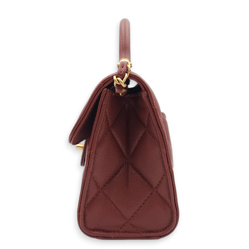 Seasonal Mini Flap with Top Handle 18x13x7cm Brown Crossbody Bag in Caviar Leather, Gold hardware