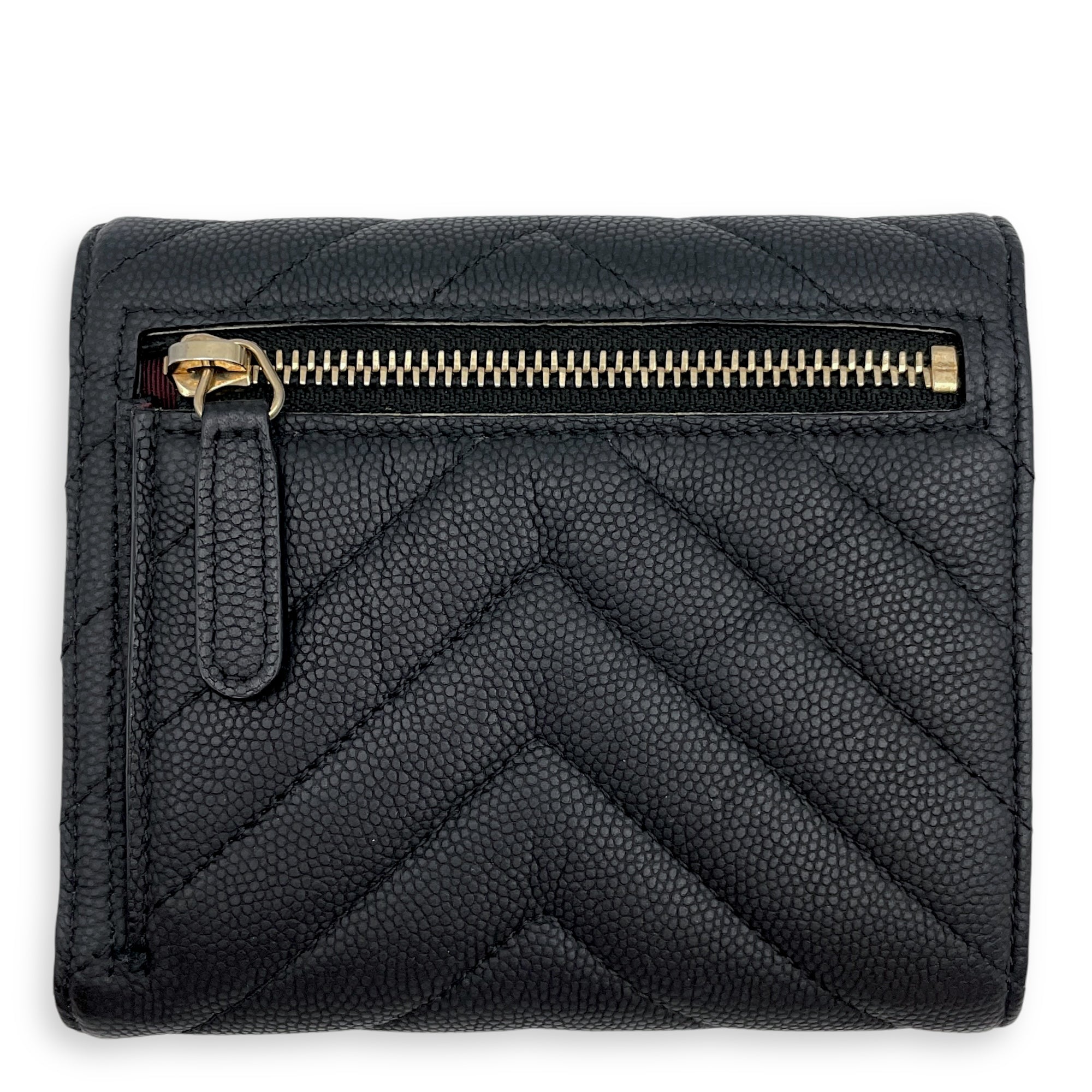 Chevron Compact Black Wallet in Caviar Leather, Gold hardware