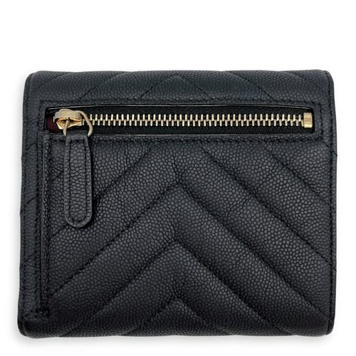 Chevron Compact Black Wallet in Caviar Leather, Gold hardware