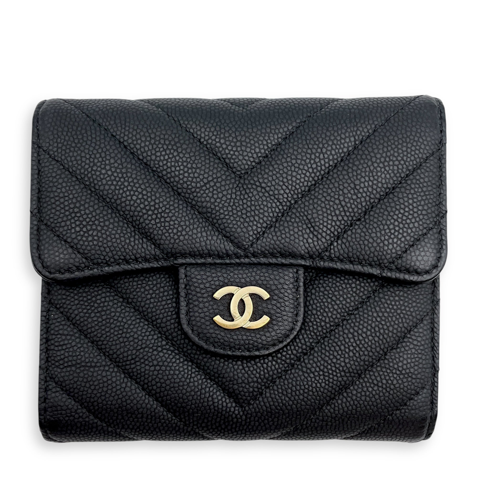 Chevron Compact Black Wallet in Caviar Leather, Gold hardware