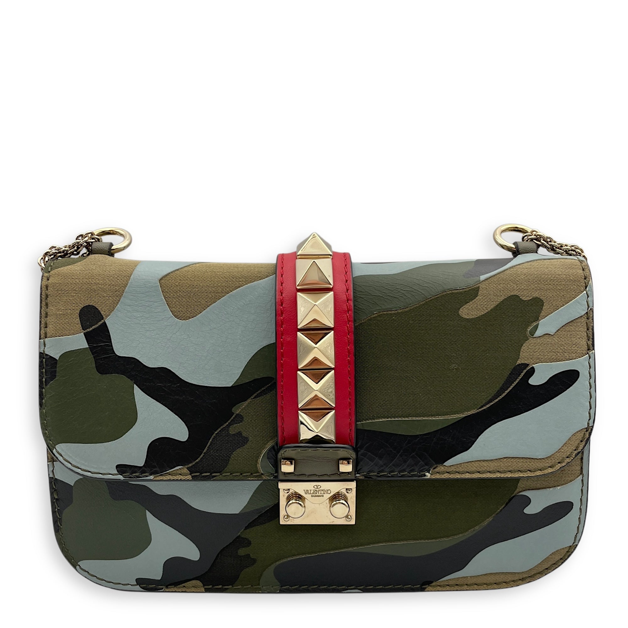 Camouflage Print Rockstuds 27x25x8cm Green/Blue Crossbody Bag in Calf, canvas, Gold hardware