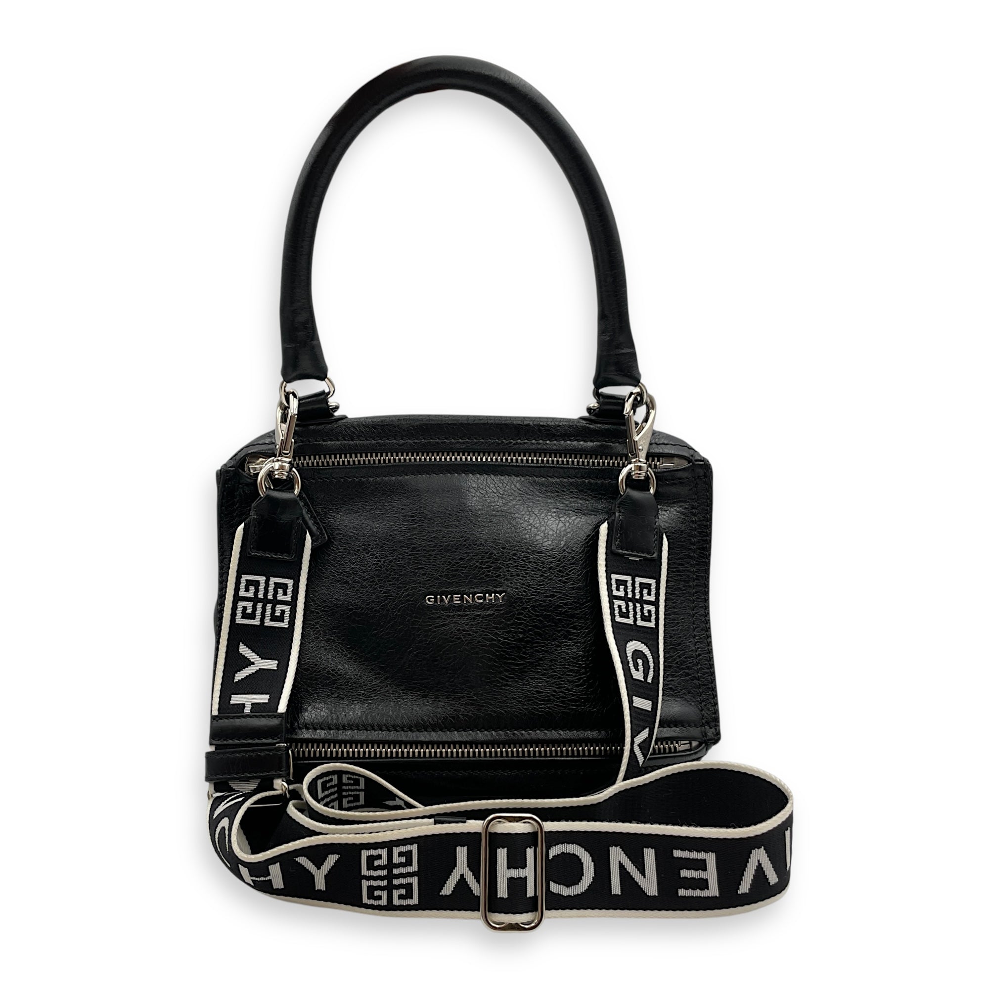 Pandora Small 27x16x13cm Black Crossbody Bag in Goat Leather, Silver hardware