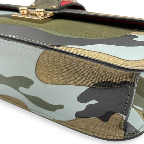 Camouflage Print Rockstuds 27x25x8cm Green/Blue Crossbody Bag in Calf, canvas, Gold hardware