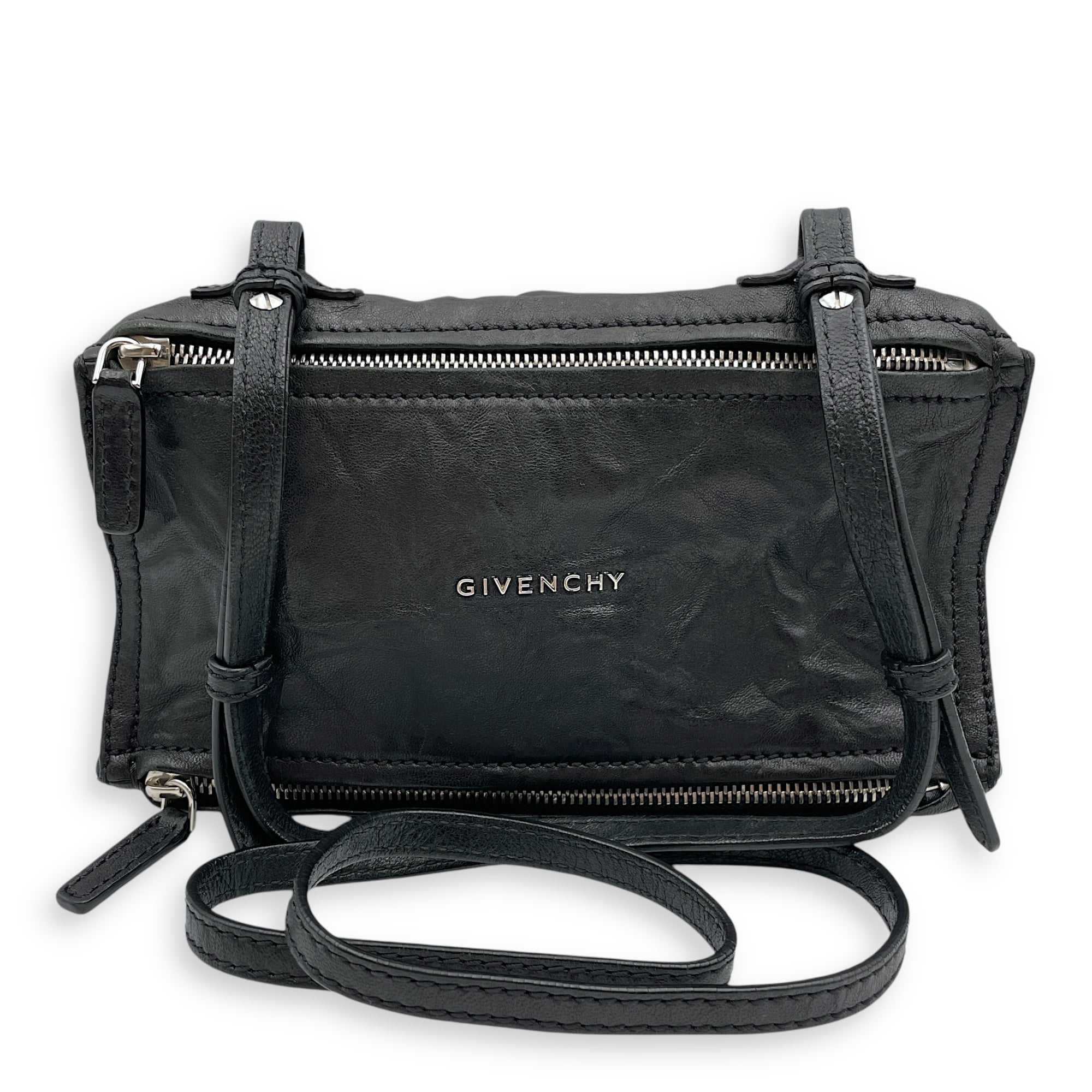 Pandora 24x12x9cm Black Crossbody Bag in Crinkled Calfskin, Silver hardware