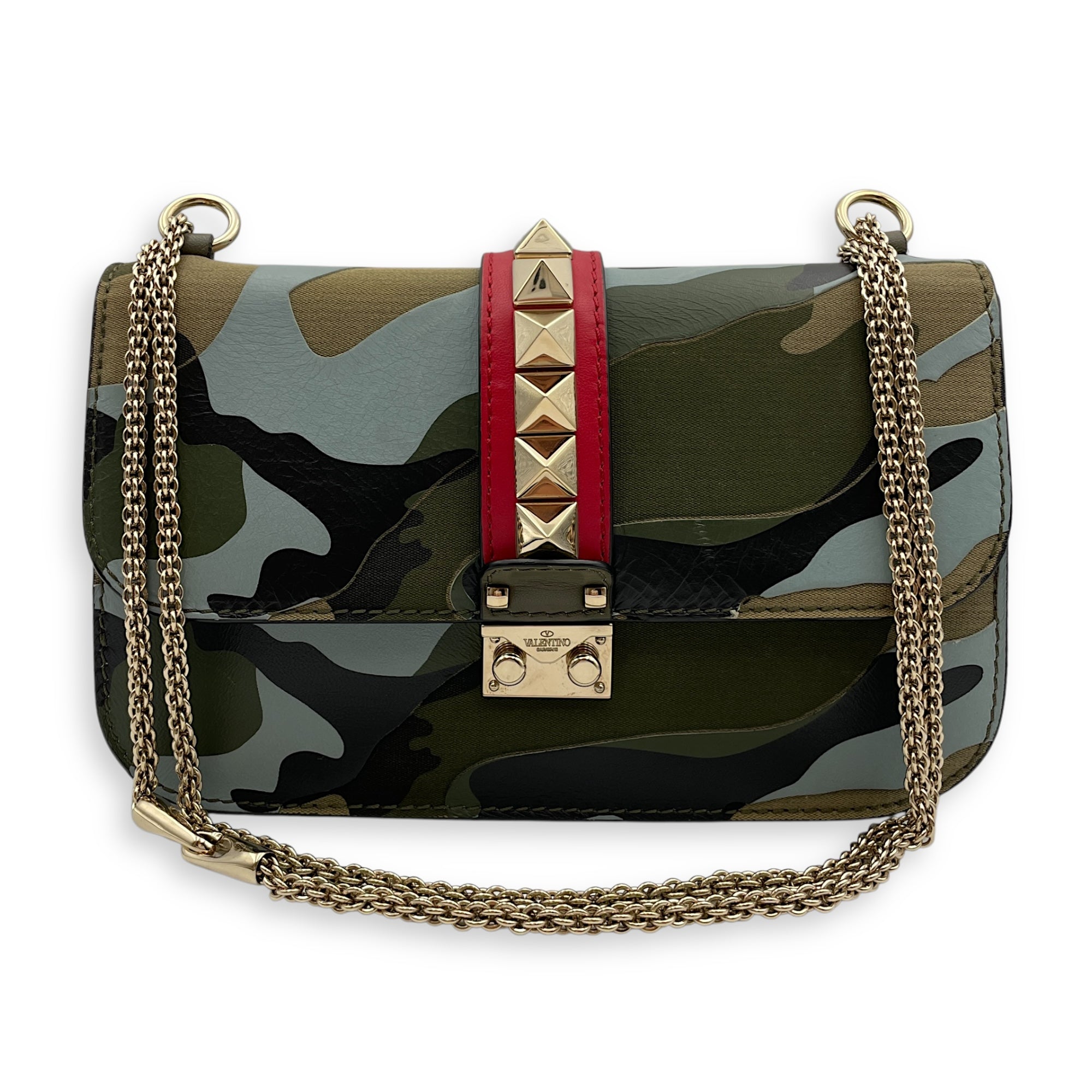 Camouflage Print Rockstuds 27x25x8cm Green/Blue Crossbody Bag in Calf, canvas, Gold hardware