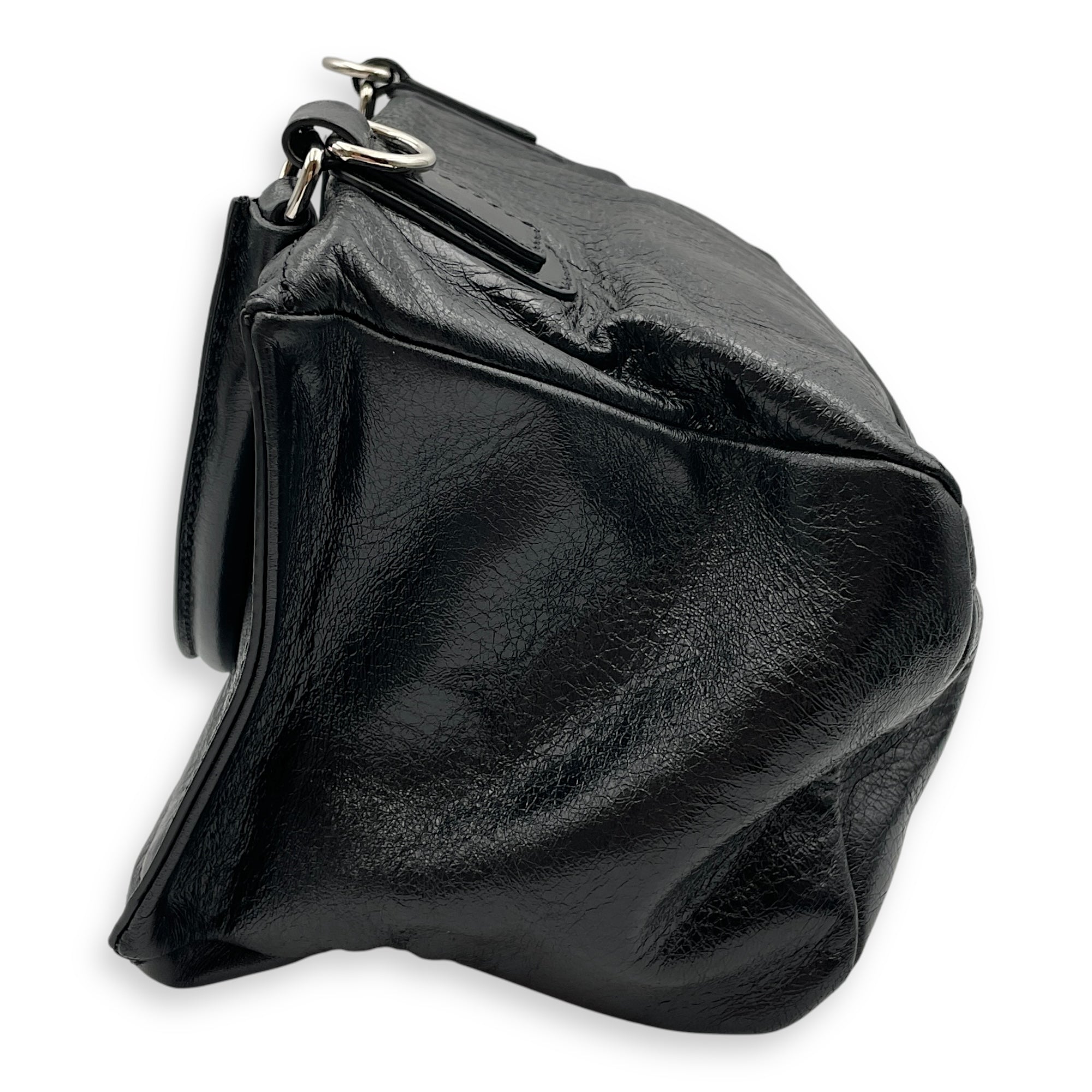 Pandora Small 27x16x13cm Black Crossbody Bag in Goat Leather, Silver hardware