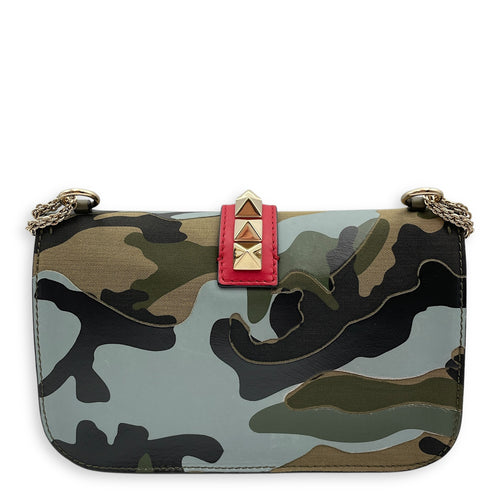 Camouflage Print Rockstuds 27x25x8cm Green/Blue Crossbody Bag in Calf, canvas, Gold hardware