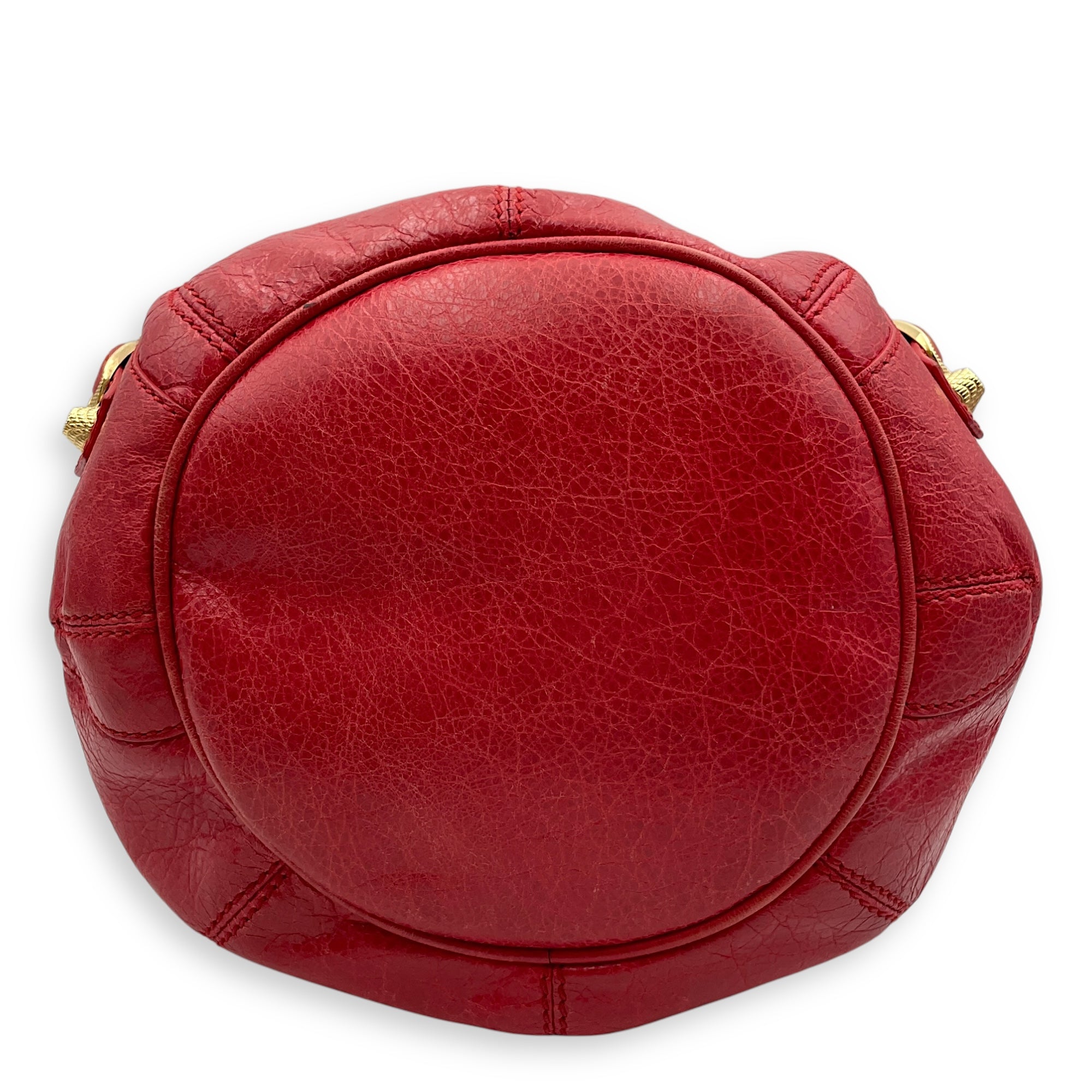 Pompon Mini Red Crossbody Bag in Distressed Leather, Gold hardware