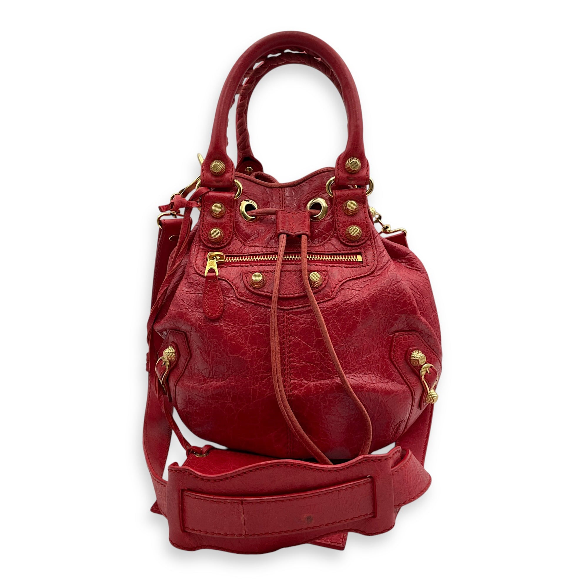 Pompon Mini Red Crossbody Bag in Distressed Leather, Gold hardware