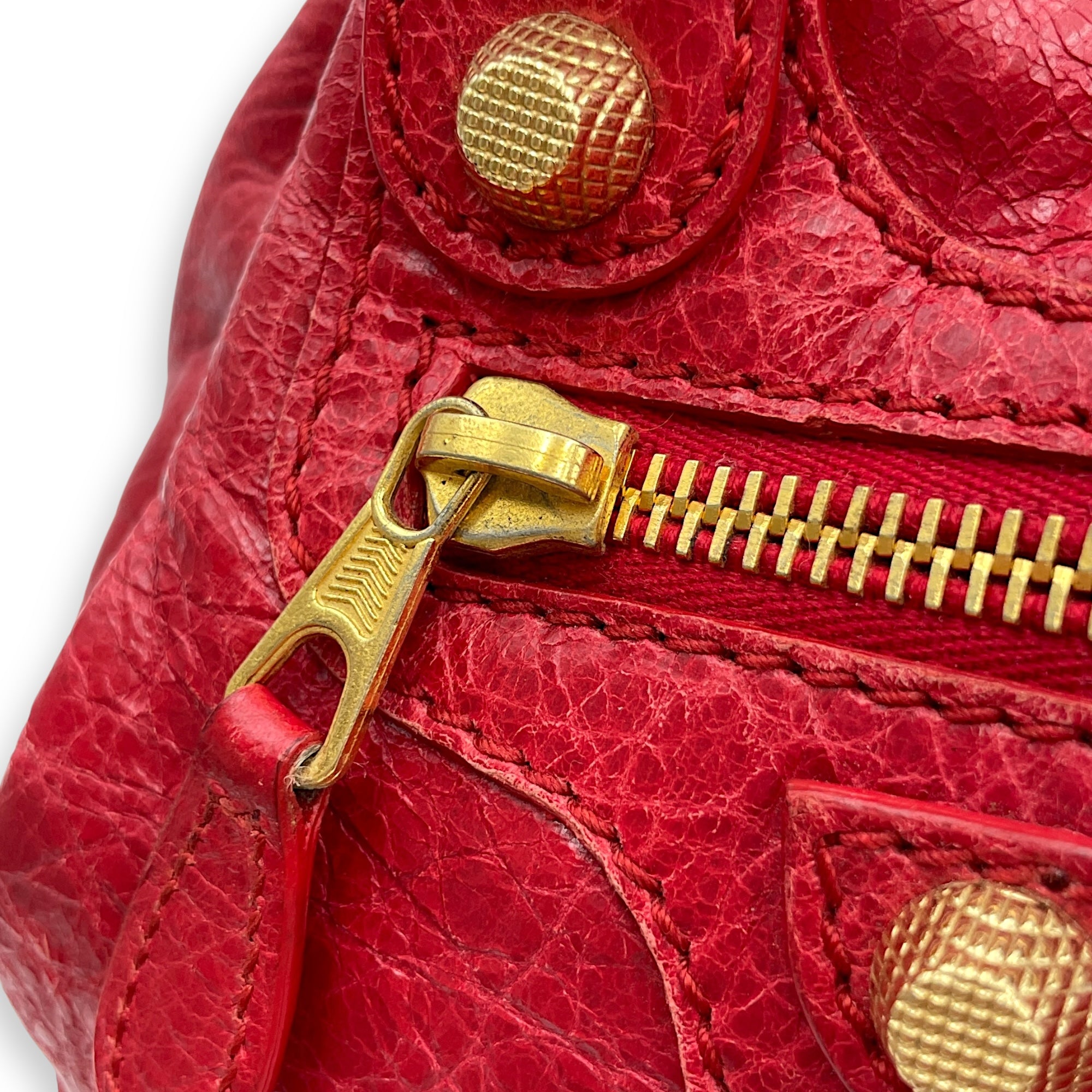 Pompon Mini Red Crossbody Bag in Distressed Leather, Gold hardware