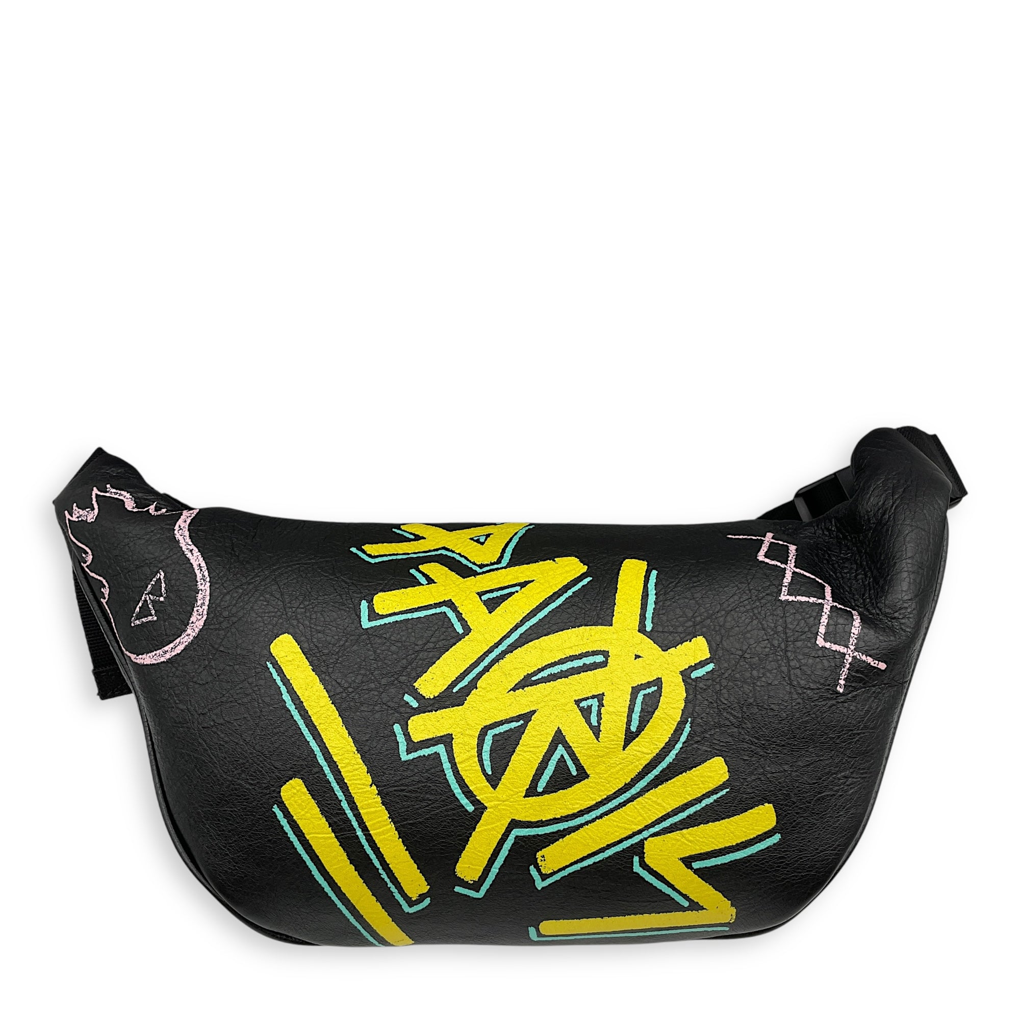 Graffiti Waist Black Belt Bag in Distressed Leather, Silver hardware