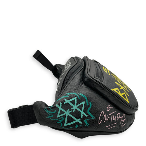 Graffiti Waist Black Belt Bag in Distressed Leather, Silver hardware