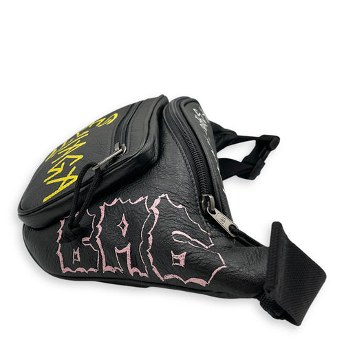 Graffiti Waist Black Belt Bag in Distressed Leather, Silver hardware