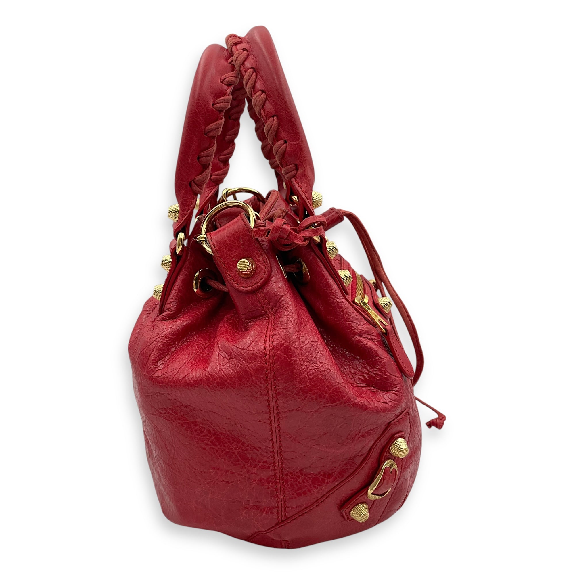 Pompon Mini Red Crossbody Bag in Distressed Leather, Gold hardware