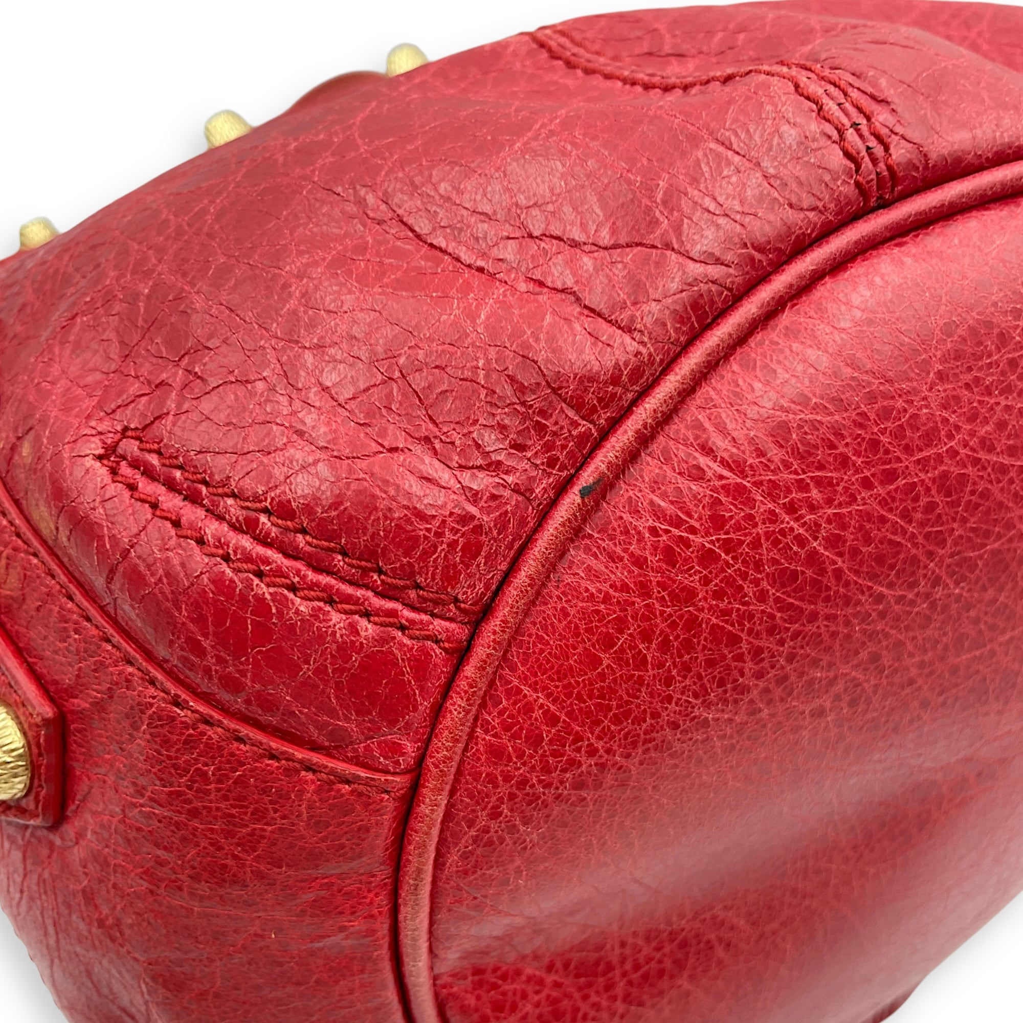 Pompon Mini Red Crossbody Bag in Distressed Leather, Gold hardware