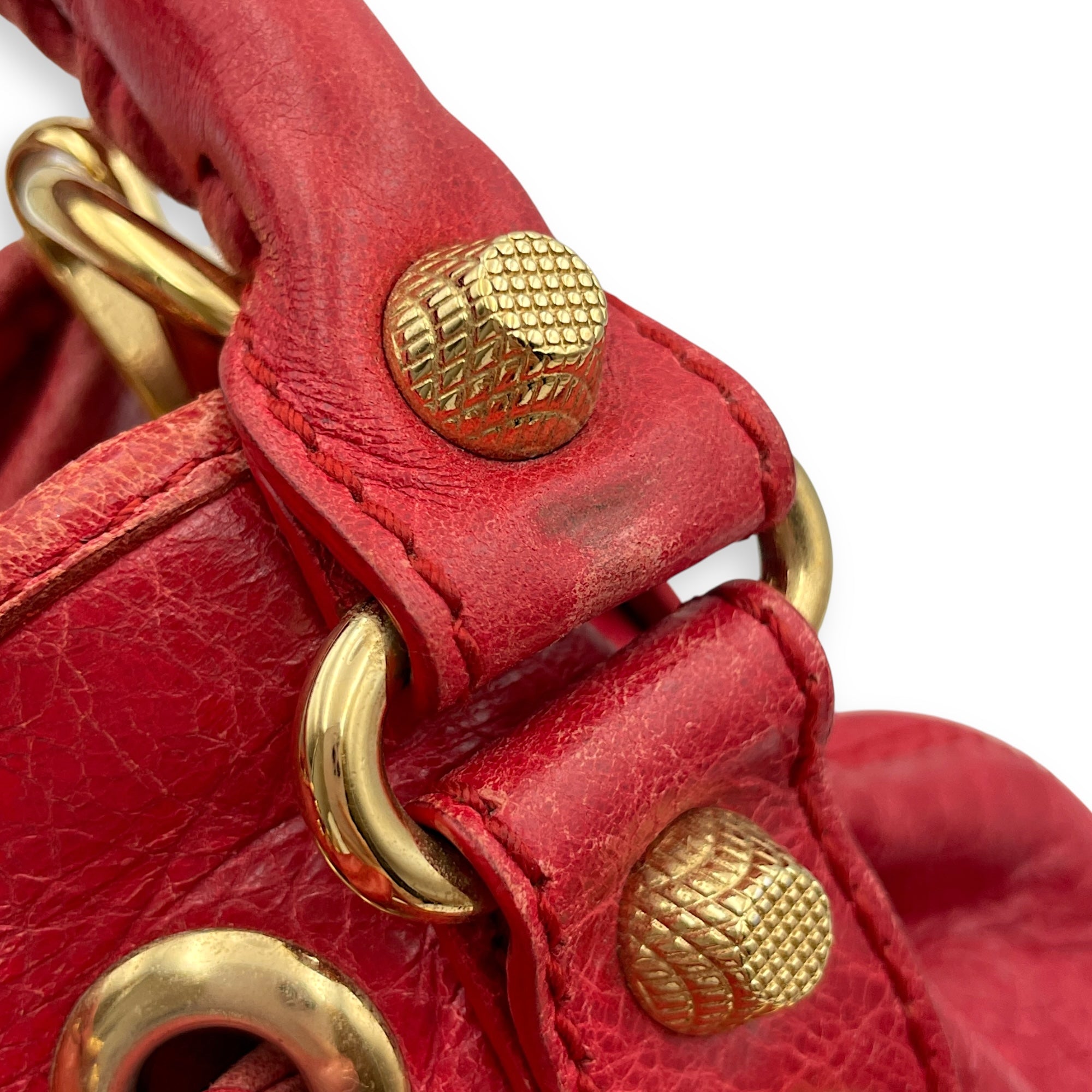 Pompon Mini Red Crossbody Bag in Distressed Leather, Gold hardware