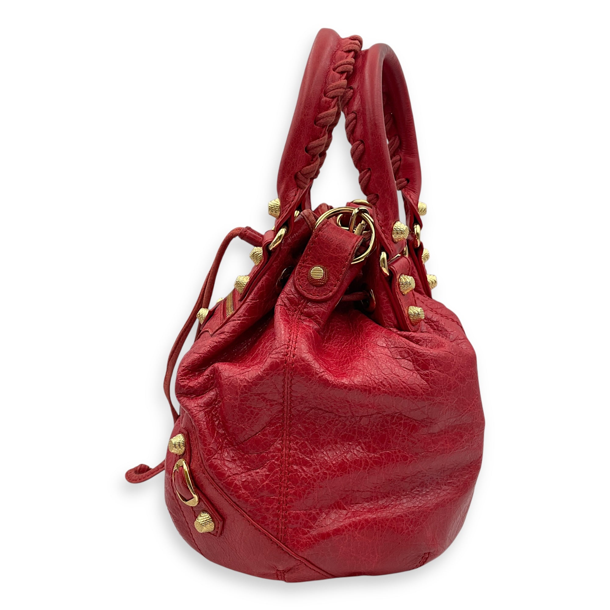 Pompon Mini Red Crossbody Bag in Distressed Leather, Gold hardware