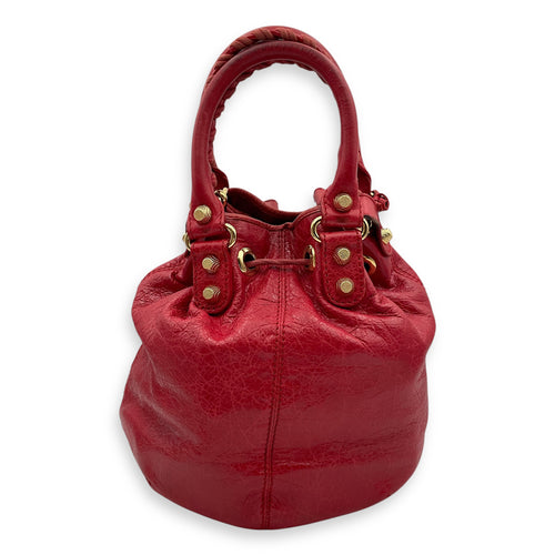 Pompon Mini Red Crossbody Bag in Distressed Leather, Gold hardware