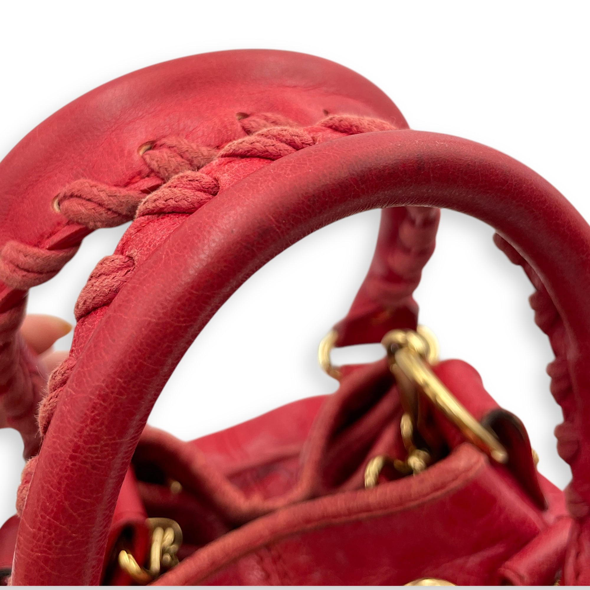 Pompon Mini Red Crossbody Bag in Distressed Leather, Gold hardware