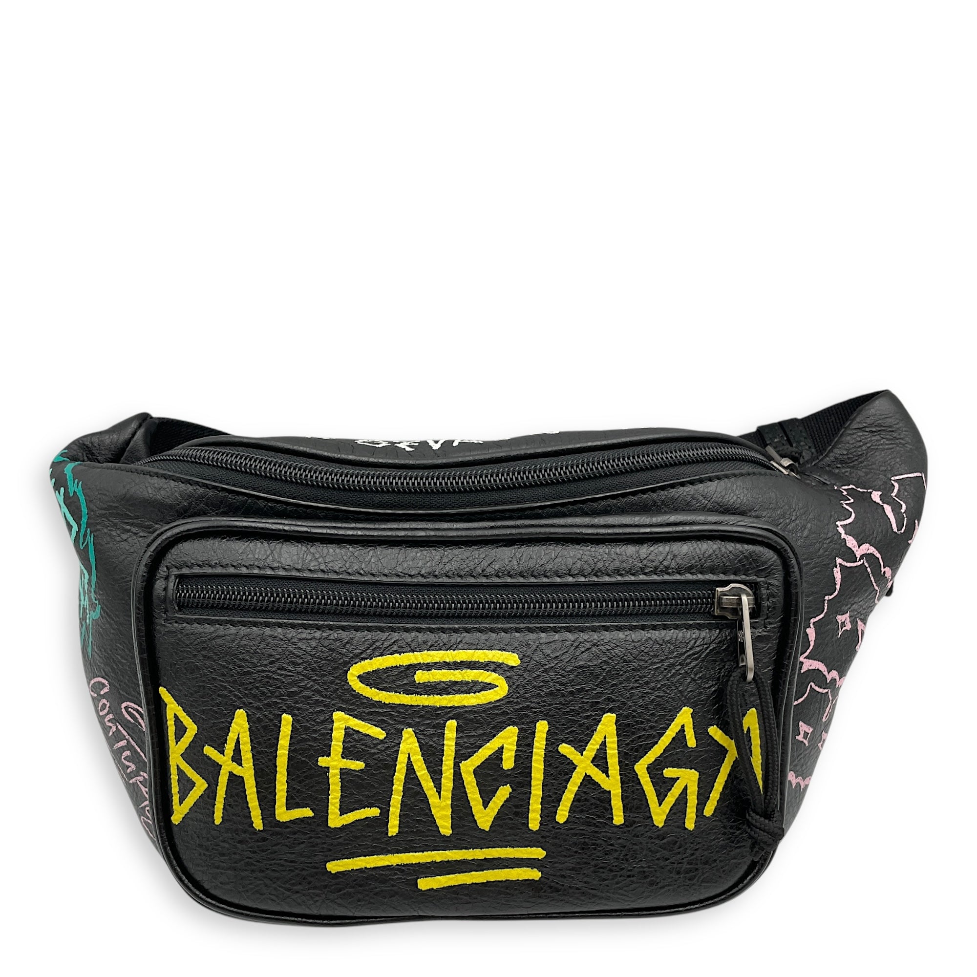 Graffiti Waist Black Belt Bag in Distressed Leather, Silver hardware