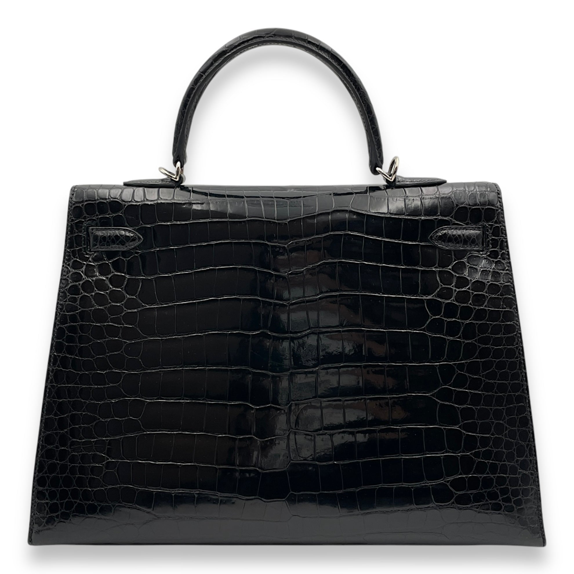 Sellier Kelly 35 Black in Shiny Porosus Palladium hardware CL2502-9729 2