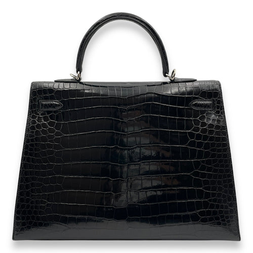 Sellier Kelly 35 Black in Shiny Porosus Palladium hardware CL2502-9729 2