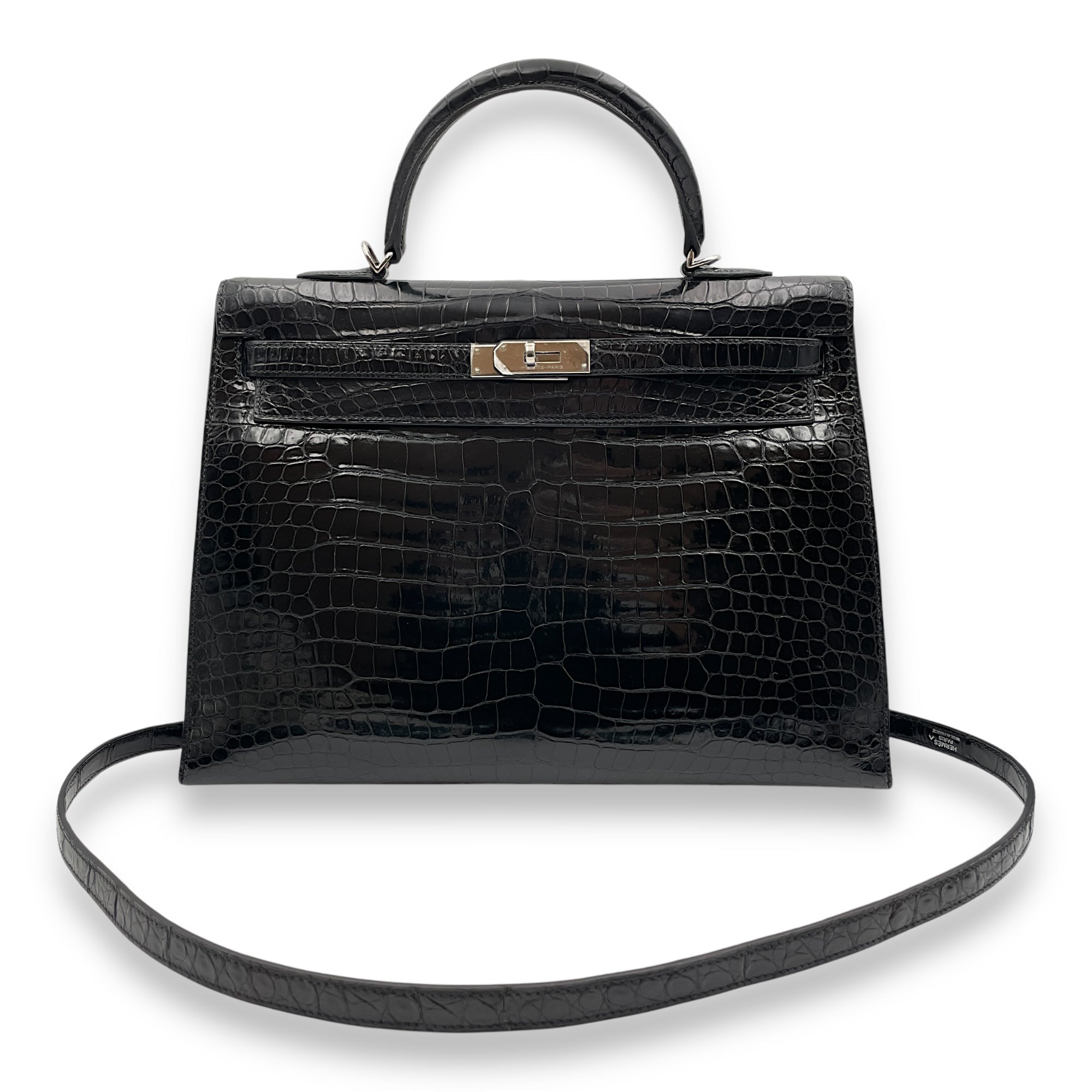 Sellier Kelly 35 Black in Shiny Porosus Palladium hardware CL2502-9729 8