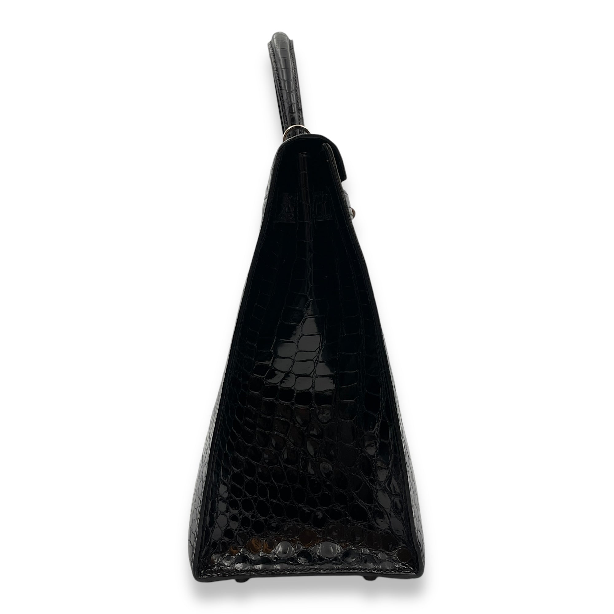 Sellier Kelly 35 Black in Shiny Porosus Palladium hardware CL2502-9729 3