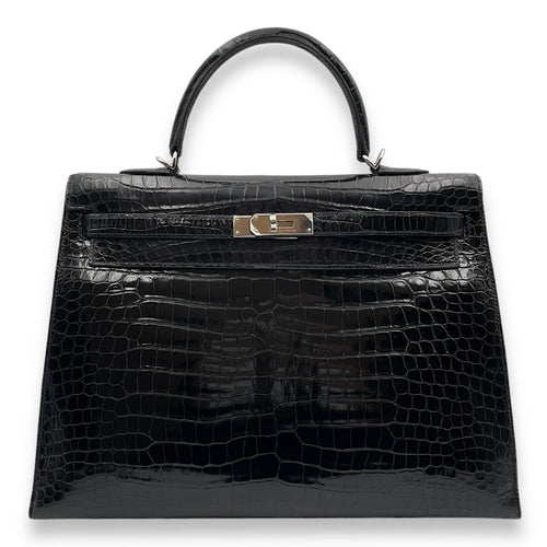 Sellier Kelly 35 Black in Shiny Porosus Palladium hardware CL2502-9729 1