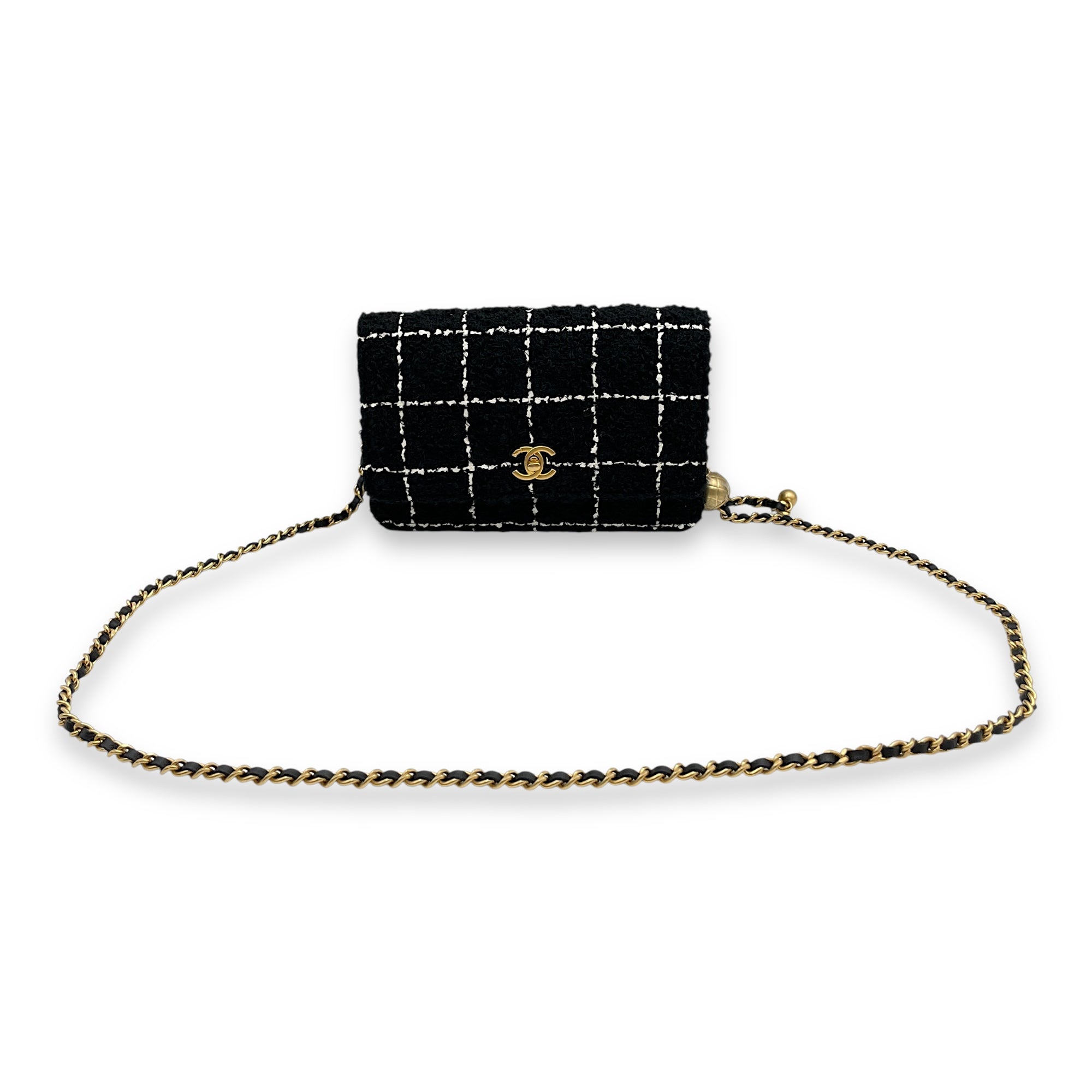 Pearl Crush Black/White Wallet On Chain in Tweed, Gold hardware