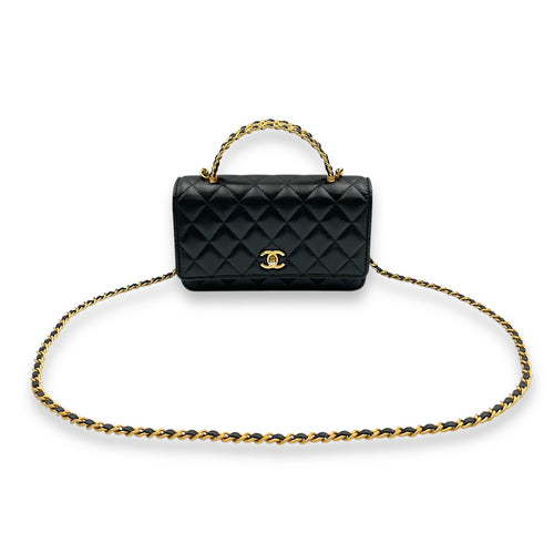 Quilted Logo Top Handle Black Wallet On Chain in Lambskin, Gold hardware