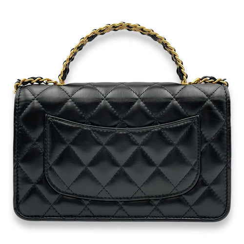 Quilted Logo Top Handle Black Wallet On Chain in Lambskin, Gold hardware