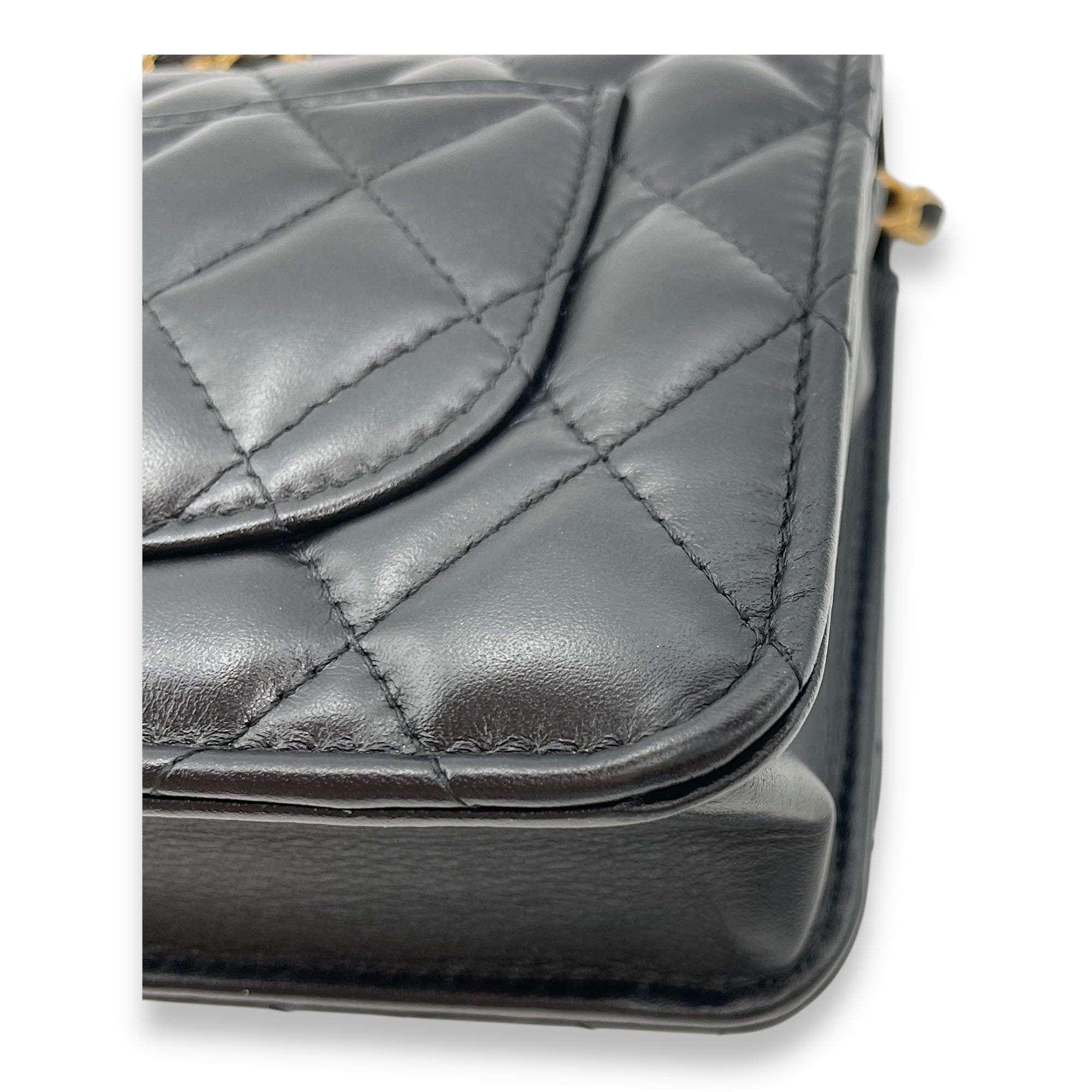 Quilted Logo Top Handle Black Wallet On Chain in Lambskin, Gold hardware