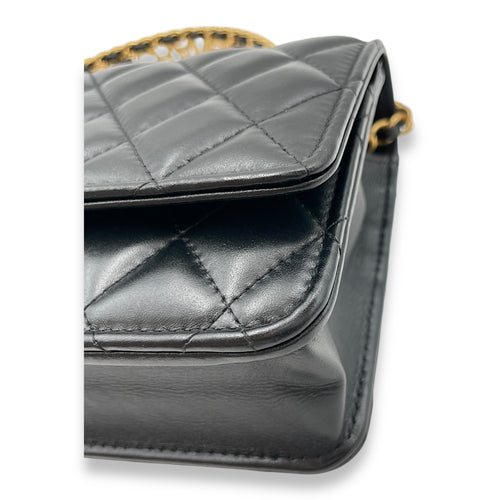 Quilted Logo Top Handle Black Wallet On Chain in Lambskin, Gold hardware