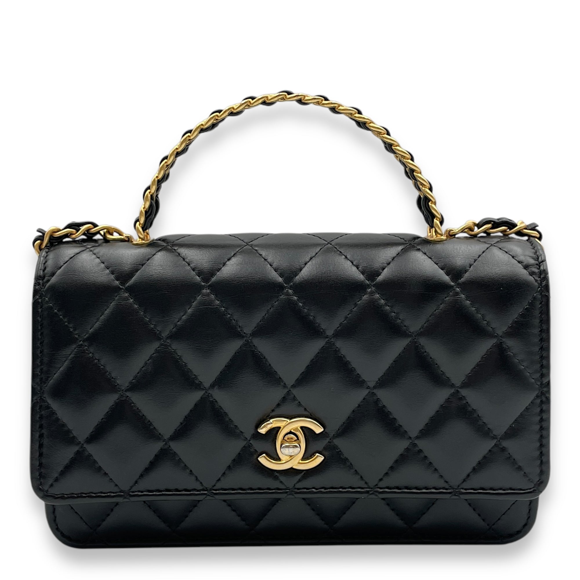 Quilted Logo Top Handle Black Wallet On Chain in Lambskin, Gold hardware